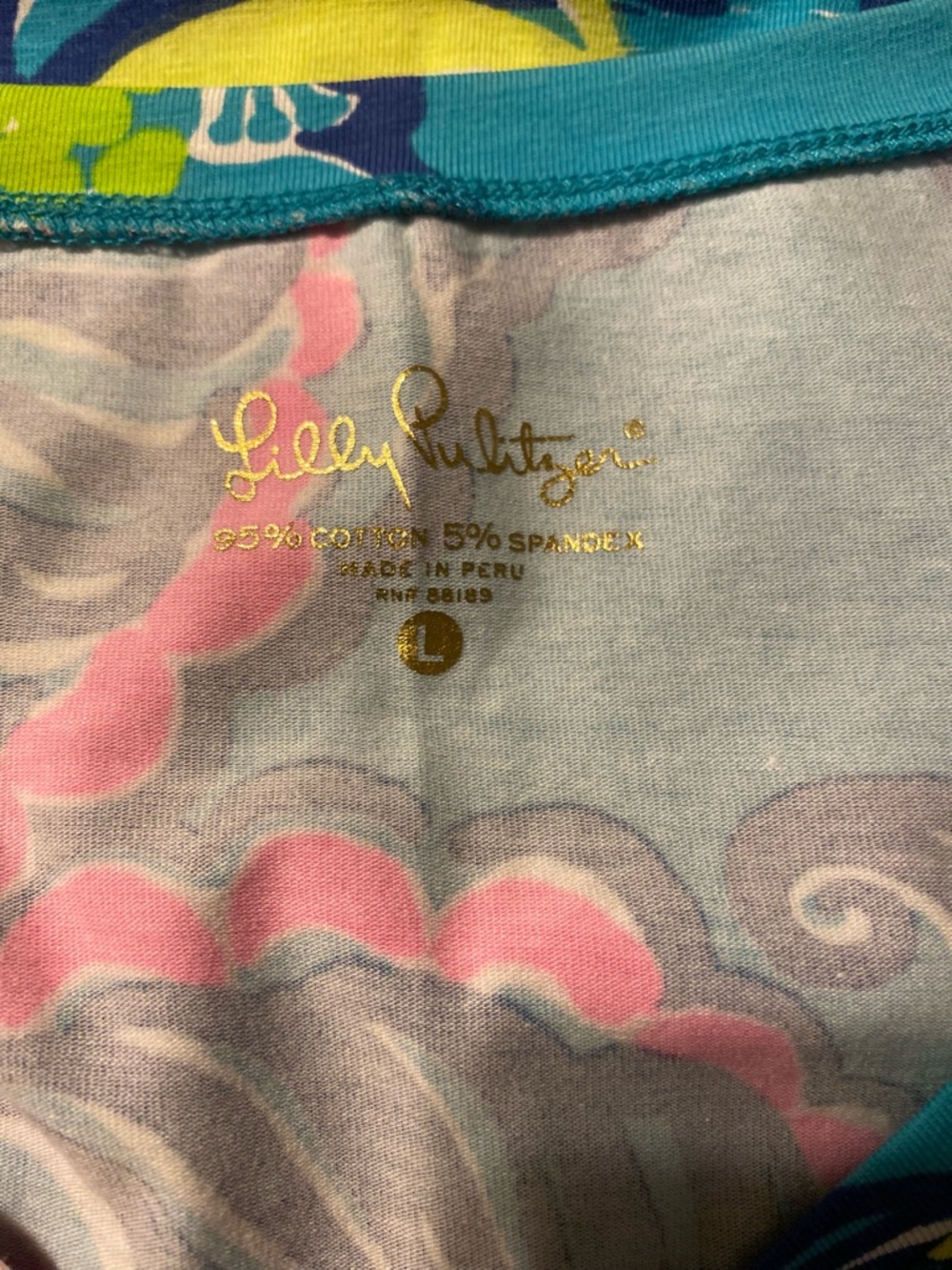 Lilly Pulitzer Teal Top with Pink, Lime & Navy Swirl Print, Size L - Picture 4 of 4